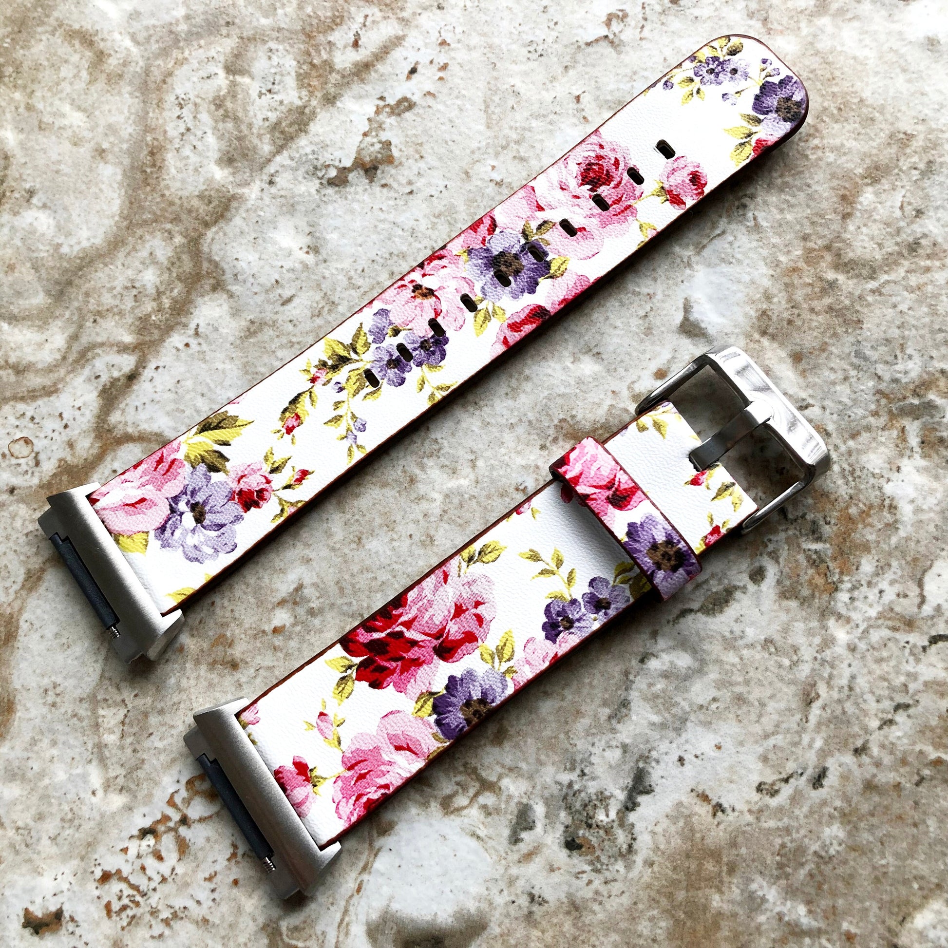 Fitbit Ionic Red Floral FL-3 Soft Leather Band Strap for Watch Band Strap with Quick Release Adapters in Silver Rose Gold Black