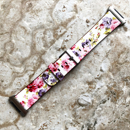 Fitbit Ionic Red Floral FL-3 Soft Leather Band Strap for Watch Band Strap with Quick Release Adapters in Silver Rose Gold Black
