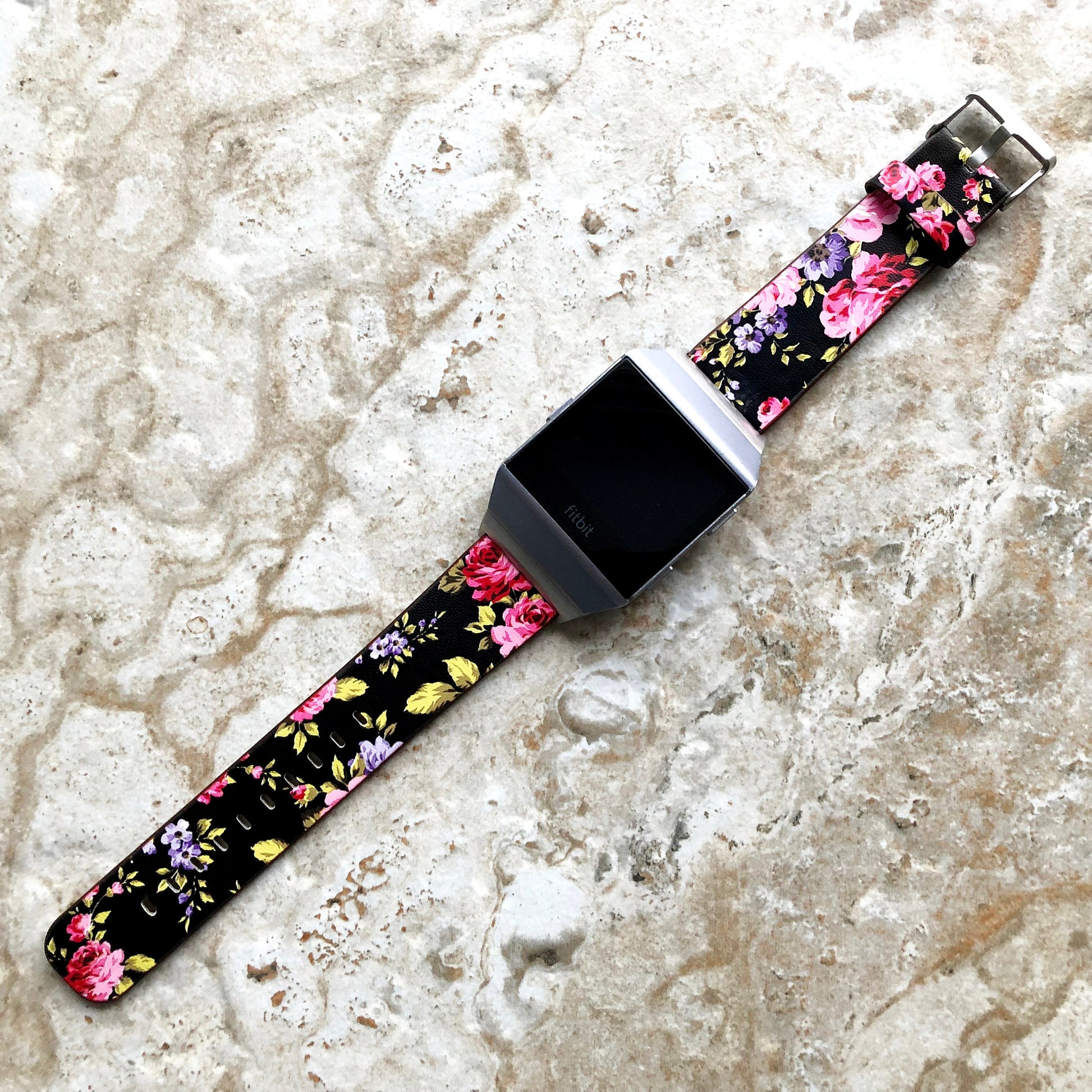 Fitbit Ionic Red Black Floral FL-5 Soft Leather Band Strap for Watch Band Strap with Quick Release Adapters in Silver Rose Gold Black