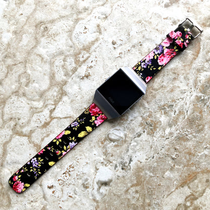 Fitbit Ionic Red Black Floral FL-5 Soft Leather Band Strap for Watch Band Strap with Quick Release Adapters in Silver Rose Gold Black