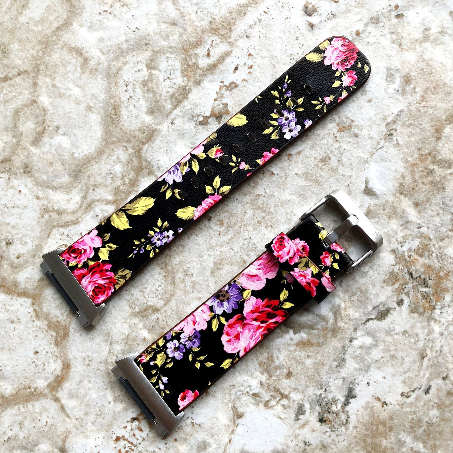 Fitbit Ionic Red Black Floral FL-5 Soft Leather Band Strap for Watch Band Strap with Quick Release Adapters in Silver Rose Gold Black