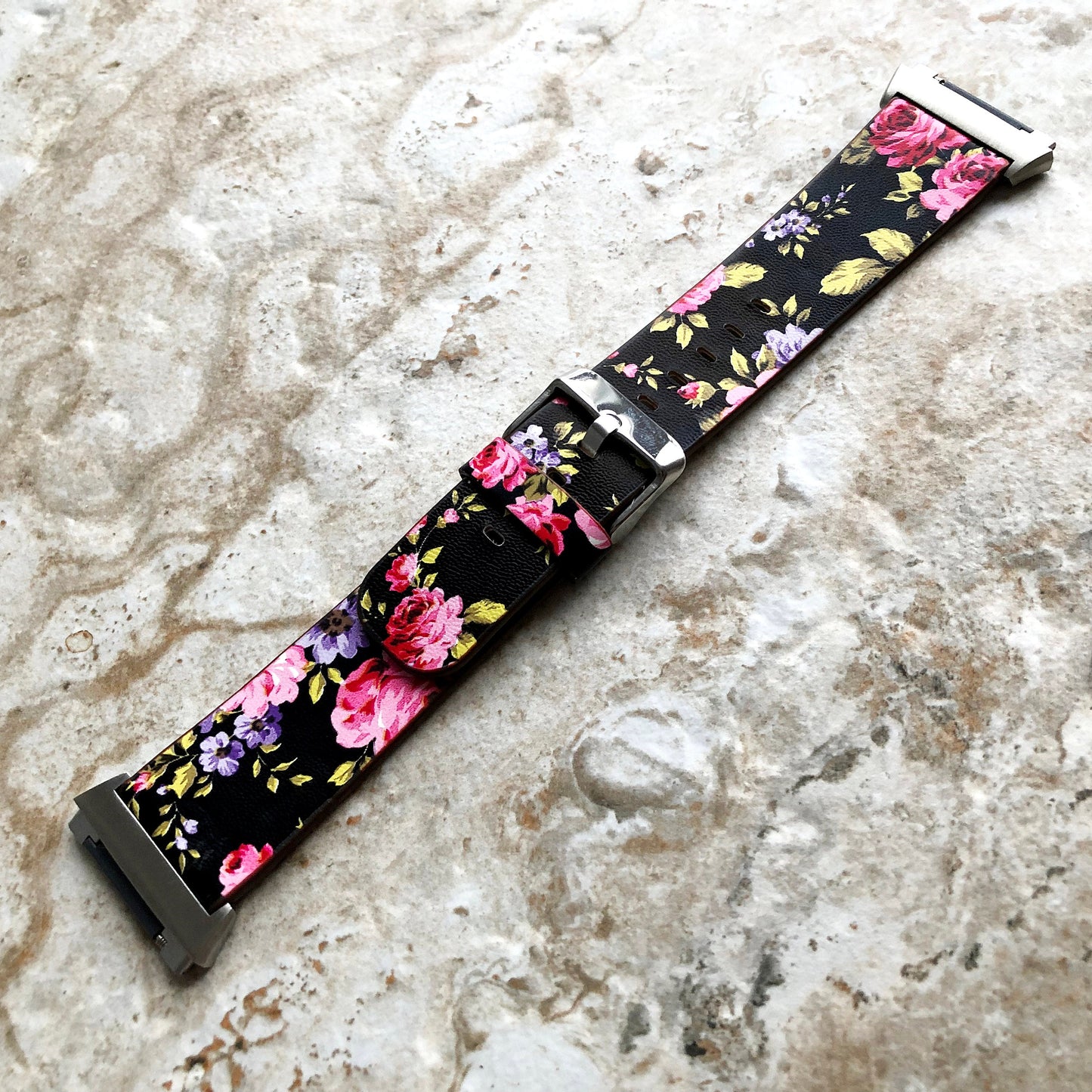 Fitbit Ionic Red Black Floral FL-5 Soft Leather Band Strap for Watch Band Strap with Quick Release Adapters in Silver Rose Gold Black