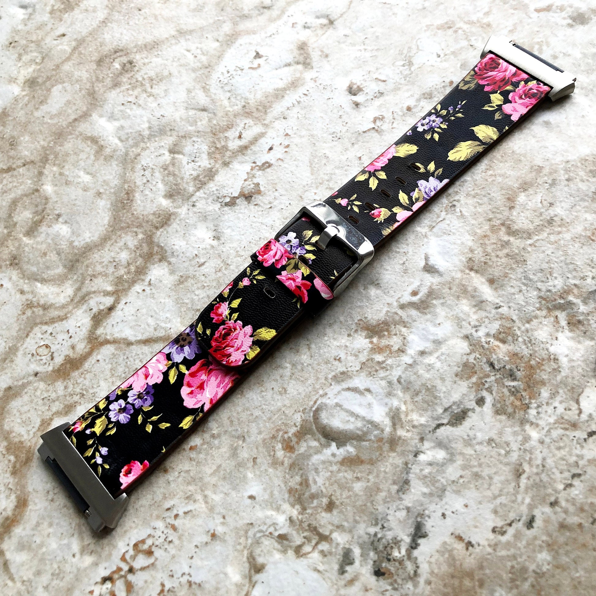 Fitbit Ionic Red Black Floral FL-5 Soft Leather Band Strap for Watch Band Strap with Quick Release Adapters in Silver Rose Gold Black