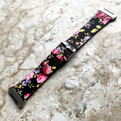 Fitbit Ionic Red Black Floral FL-5 Soft Leather Band Strap for Watch Band Strap with Quick Release Adapters in Silver Rose Gold Black