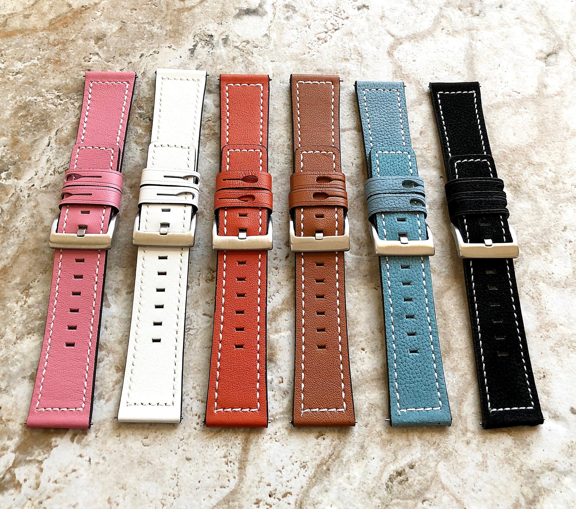 Fitbit Ionic Pink Color Soft Leather Band Strap with White Stitches for Watch Band Strap Quick Release Adapters in Silver Rose Gold Black