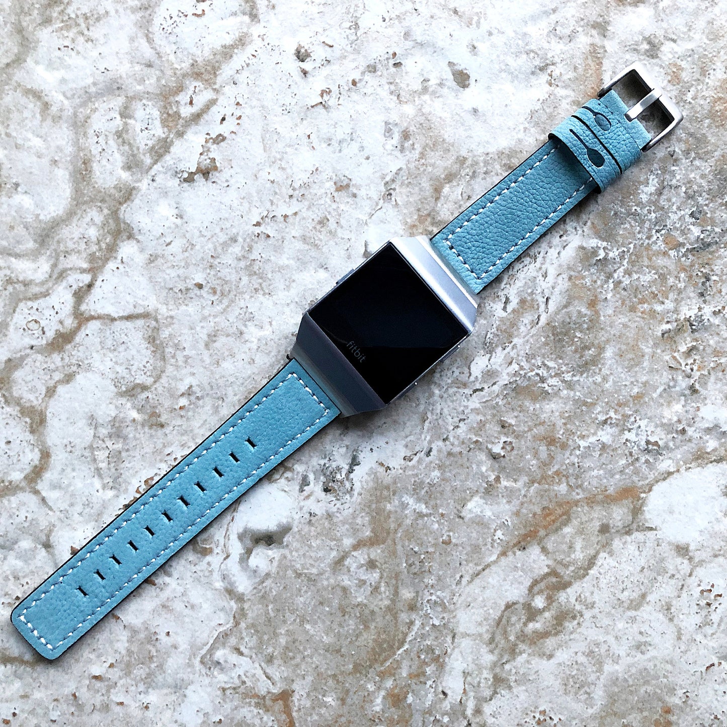 Fitbit Ionic Light Blue Soft Leather Band Strap with White Stitches for Watch Band Strap Quick Release Adapters in Silver Rose Gold Black