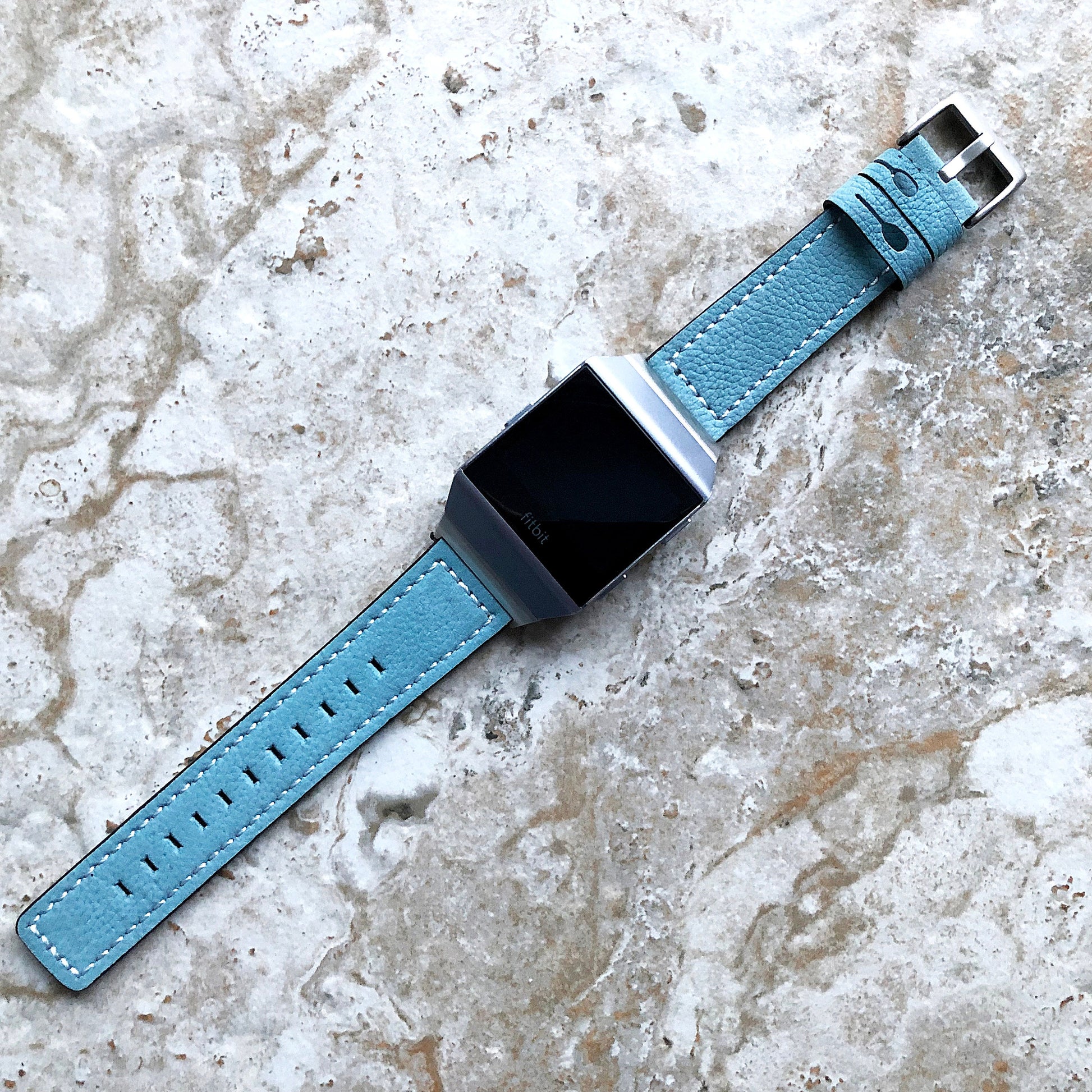 Fitbit Ionic Light Blue Soft Leather Band Strap with White Stitches for Watch Band Strap Quick Release Adapters in Silver Rose Gold Black