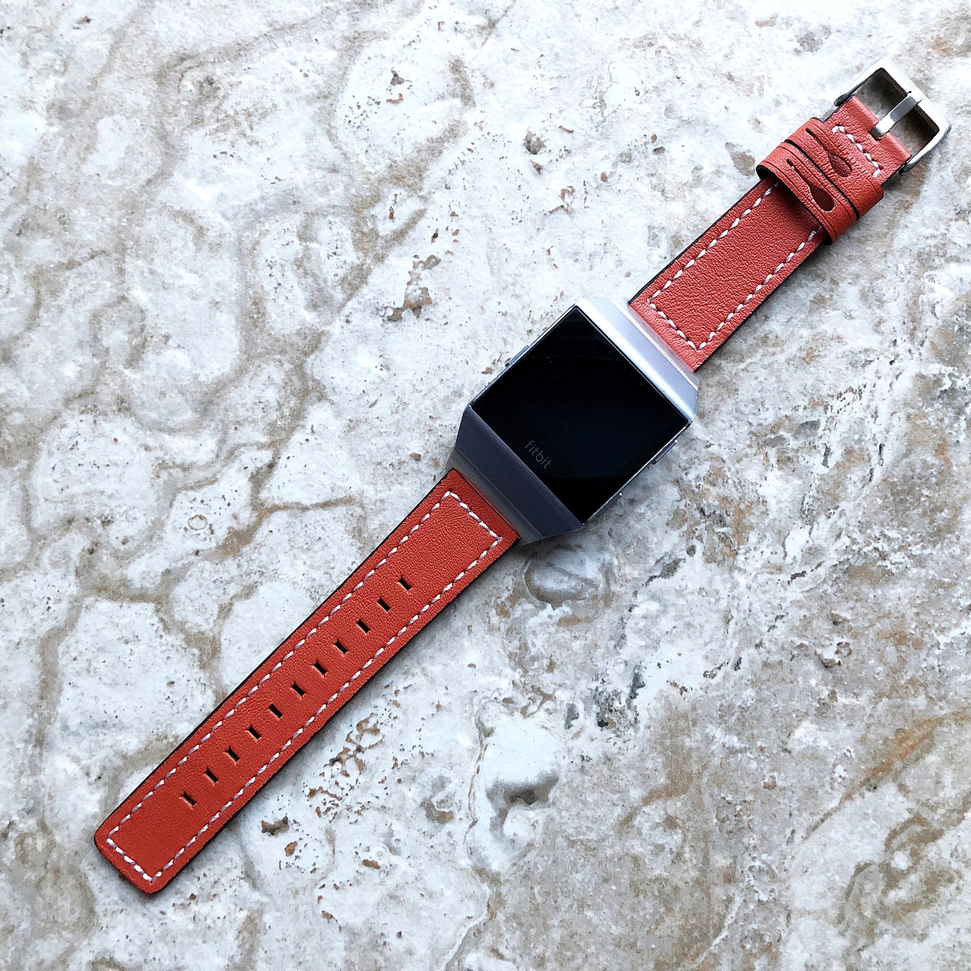 Fitbit Ionic Dark Orange Soft Leather Band Strap with White Stitches for Watch Band Strap Quick Release Adapters in Silver Rose Gold Black