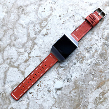 Fitbit Ionic Dark Orange Soft Leather Band Strap with White Stitches for Watch Band Strap Quick Release Adapters in Silver Rose Gold Black