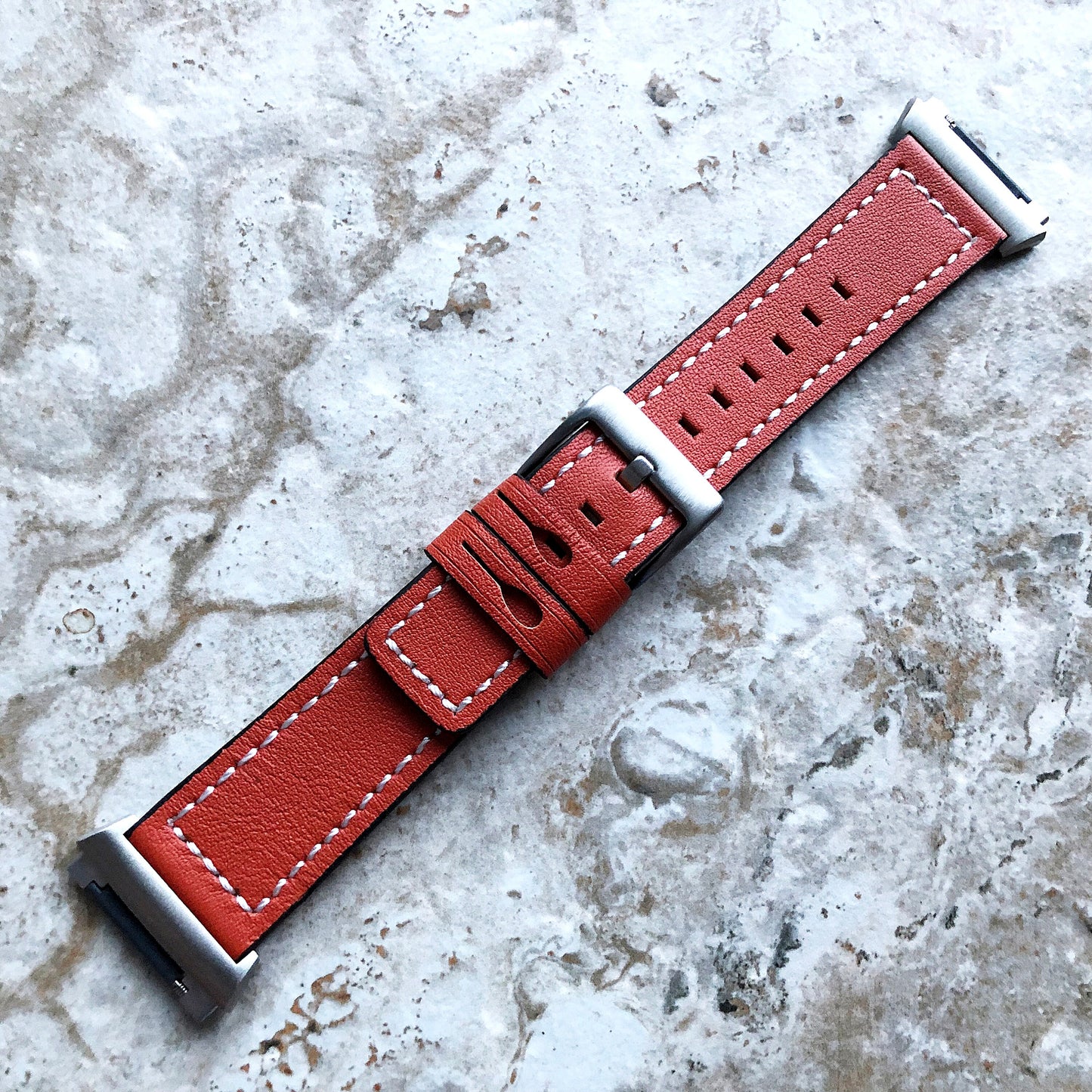 Fitbit Ionic Dark Orange Soft Leather Band Strap with White Stitches for Watch Band Strap Quick Release Adapters in Silver Rose Gold Black