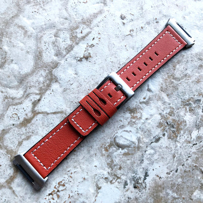 Fitbit Ionic Dark Orange Soft Leather Band Strap with White Stitches for Watch Band Strap Quick Release Adapters in Silver Rose Gold Black