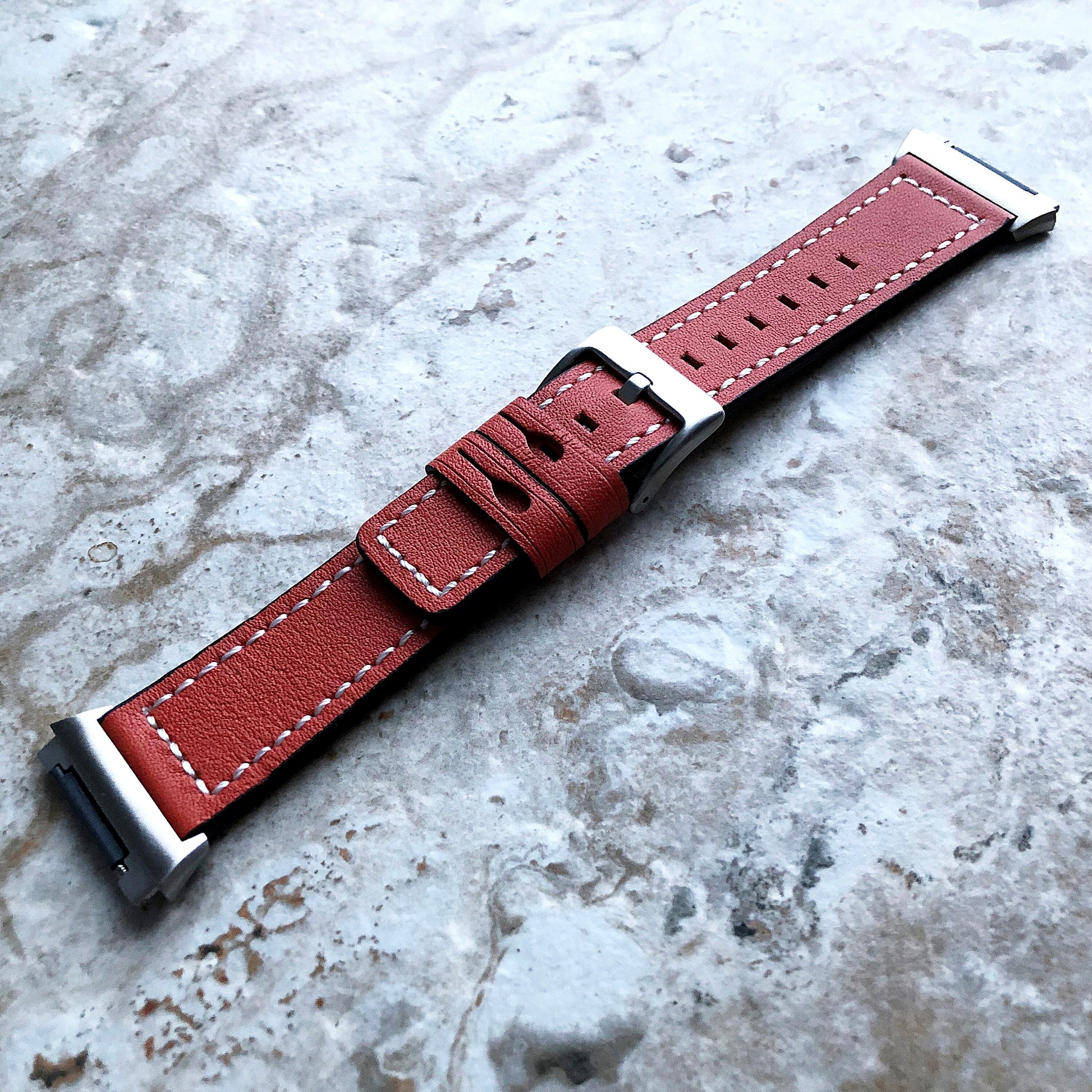 Fitbit Ionic Dark Orange Soft Leather Band Strap with White Stitches for Watch Band Strap Quick Release Adapters in Silver Rose Gold Black