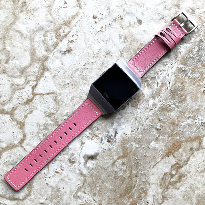 Fitbit Ionic Pink Color Soft Leather Band Strap with White Stitches for Watch Band Strap Quick Release Adapters in Silver Rose Gold Black
