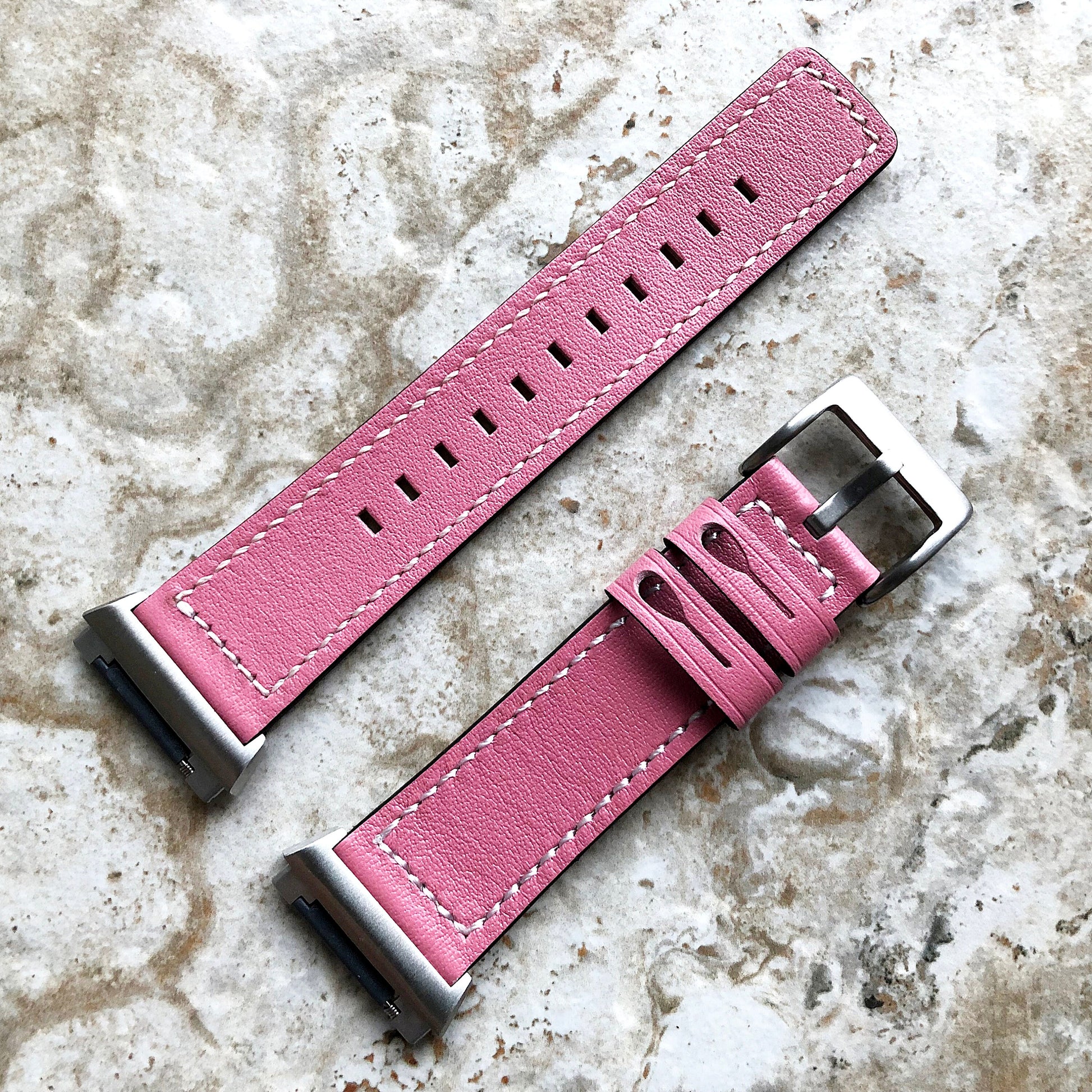Fitbit Ionic Pink Color Soft Leather Band Strap with White Stitches for Watch Band Strap Quick Release Adapters in Silver Rose Gold Black