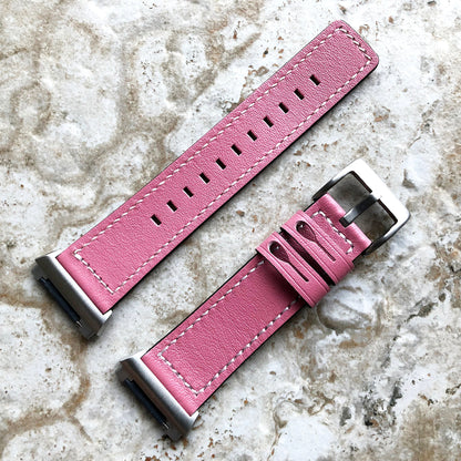 Fitbit Ionic Pink Color Soft Leather Band Strap with White Stitches for Watch Band Strap Quick Release Adapters in Silver Rose Gold Black