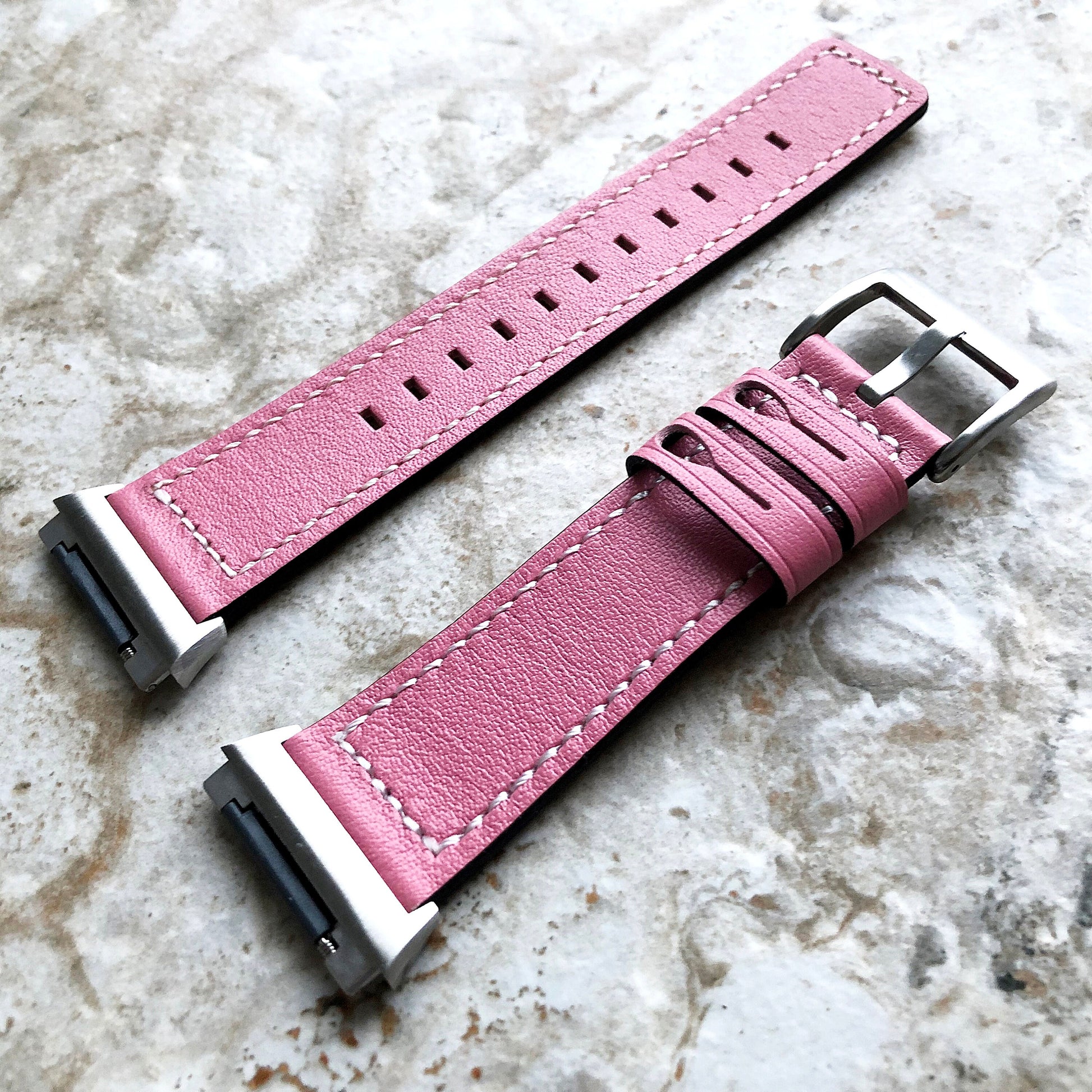 Fitbit Ionic Pink Color Soft Leather Band Strap with White Stitches for Watch Band Strap Quick Release Adapters in Silver Rose Gold Black
