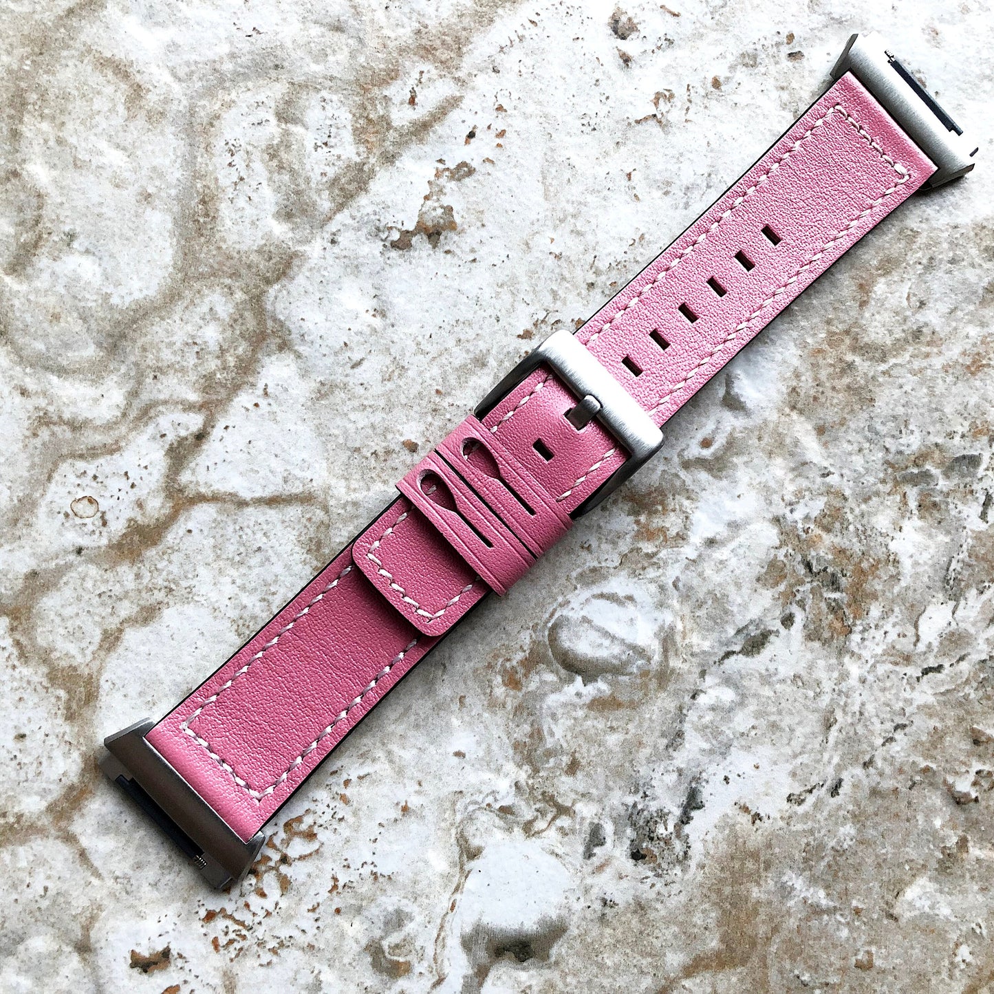 Fitbit Ionic Pink Color Soft Leather Band Strap with White Stitches for Watch Band Strap Quick Release Adapters in Silver Rose Gold Black