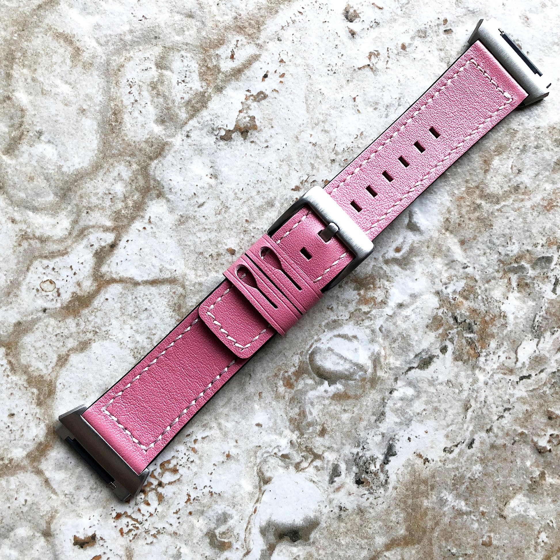 Fitbit Ionic Pink Color Soft Leather Band Strap with White Stitches for Watch Band Strap Quick Release Adapters in Silver Rose Gold Black