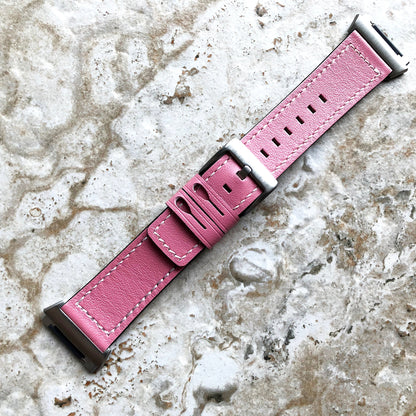 Fitbit Ionic Pink Color Soft Leather Band Strap with White Stitches for Watch Band Strap Quick Release Adapters in Silver Rose Gold Black