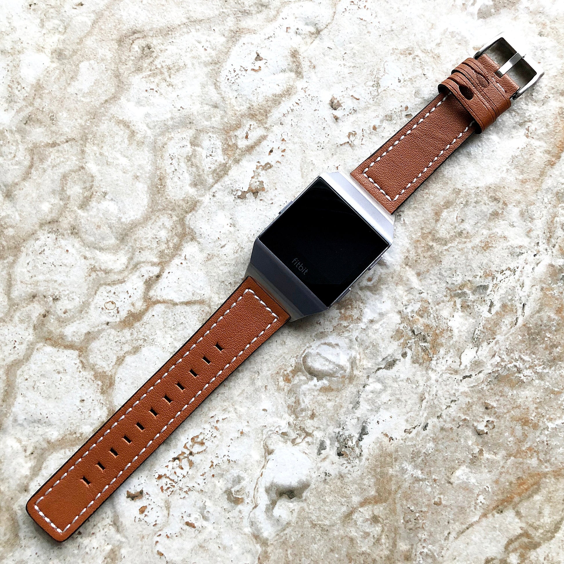 Fitbit Ionic Brown Color Soft Leather Band Strap with White Stitches for Watch Band Strap Quick Release Adapters in Silver Rose Gold Black