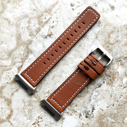 Fitbit Ionic Brown Color Soft Leather Band Strap with White Stitches for Watch Band Strap Quick Release Adapters in Silver Rose Gold Black