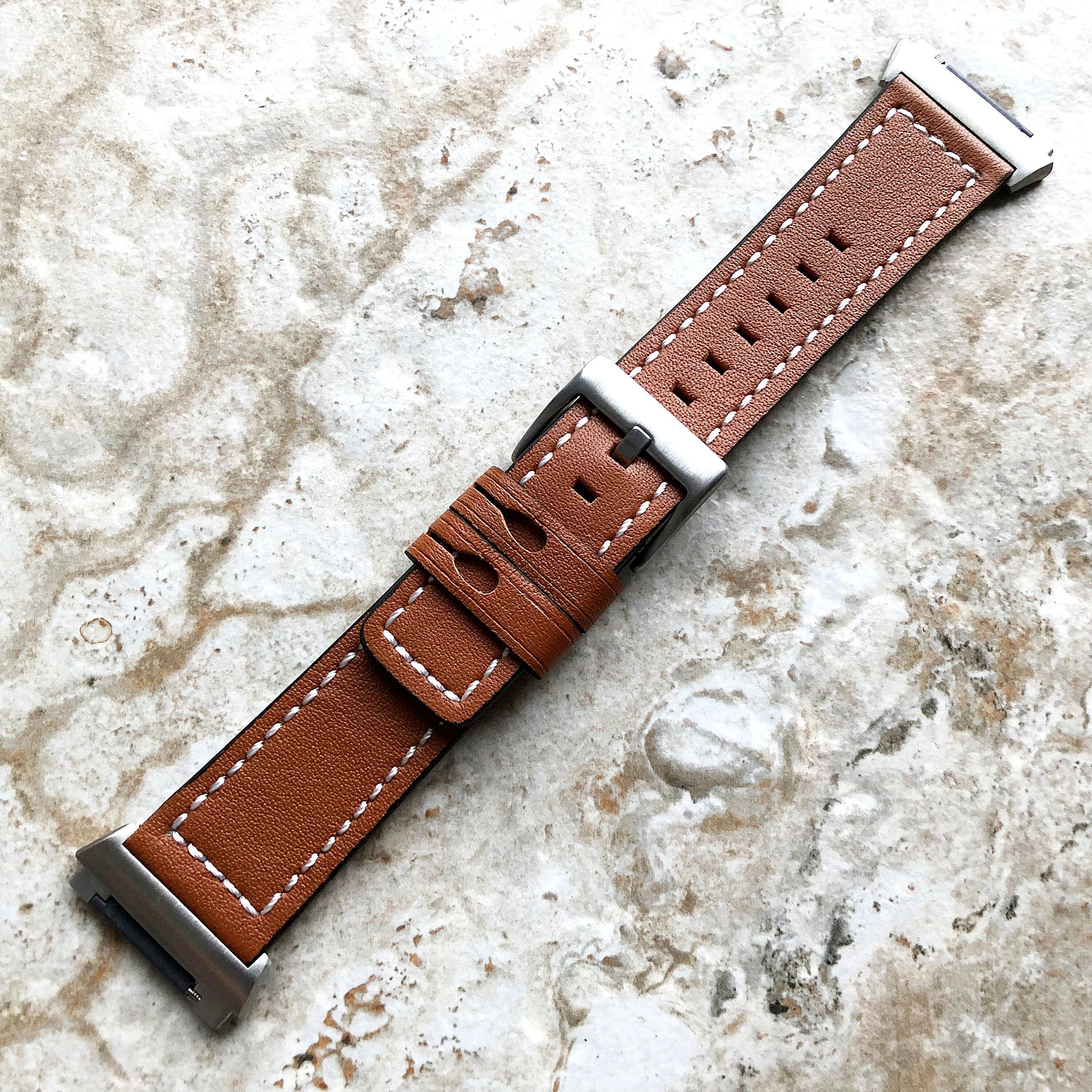 Fitbit Ionic Brown Color Soft Leather Band Strap with White Stitches for Watch Band Strap Quick Release Adapters in Silver Rose Gold Black