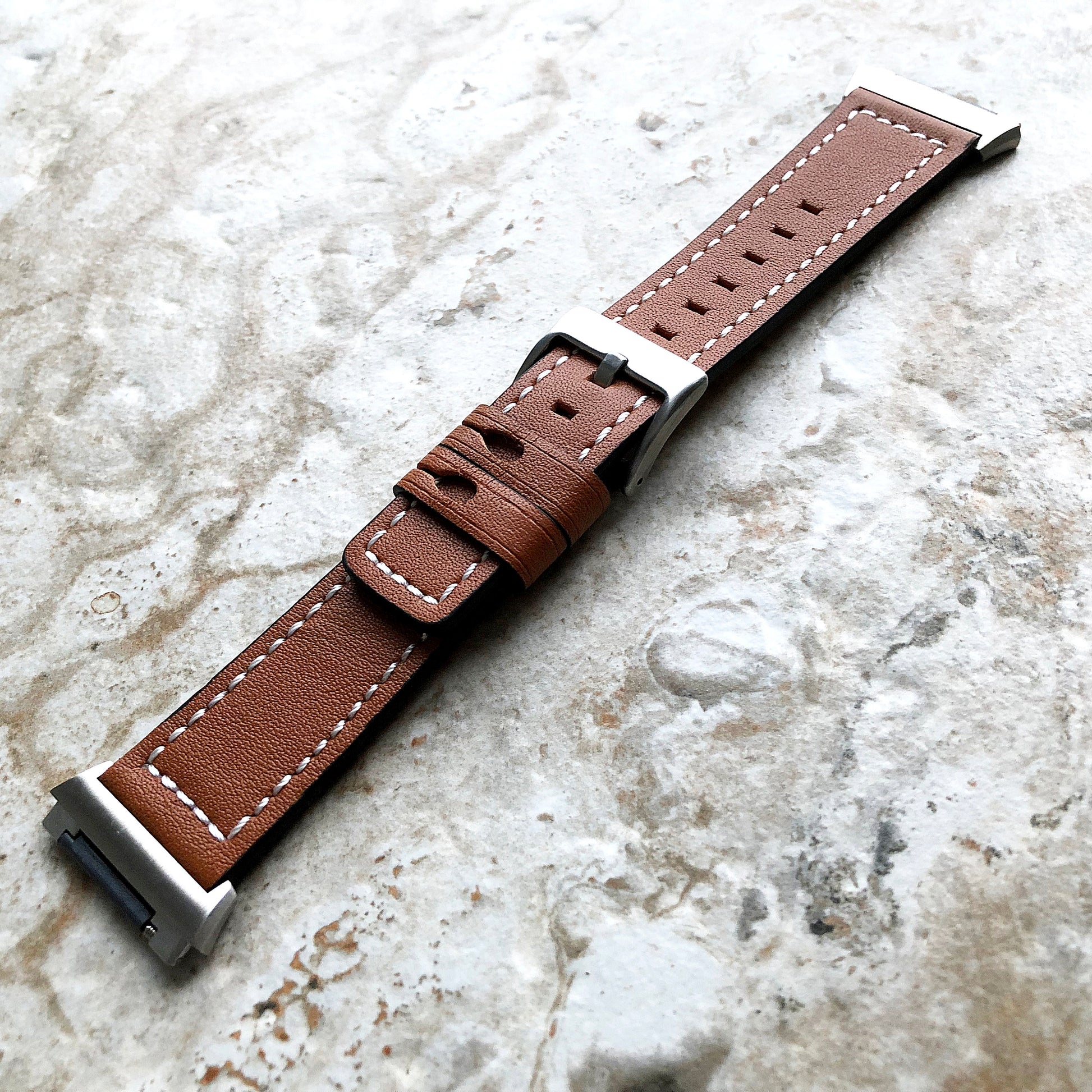 Fitbit Ionic Brown Color Soft Leather Band Strap with White Stitches for Watch Band Strap Quick Release Adapters in Silver Rose Gold Black