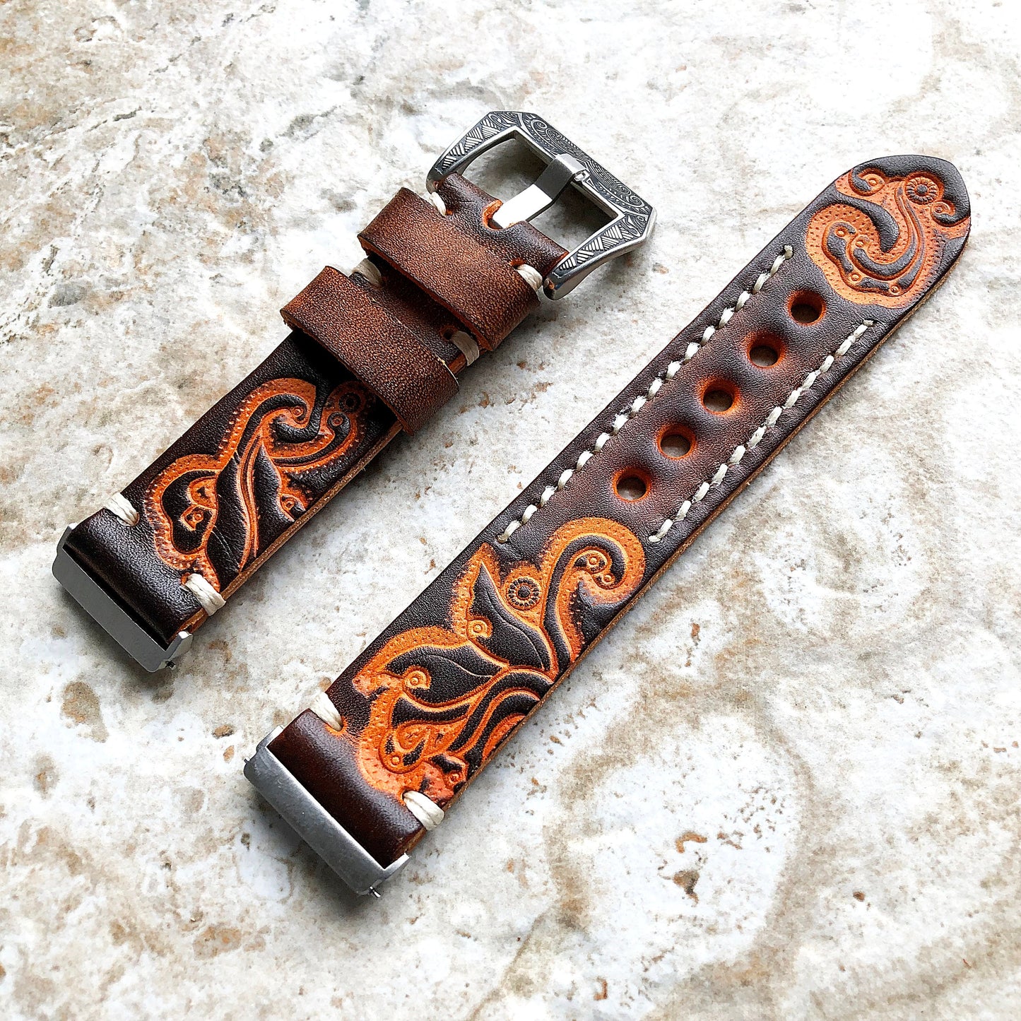 Band for Fitbit Versa 2 3 4 Sense 2 Brown and Orange Embossed Leather Bracelet Watch Strap Quick Release Adapters Silver Rose Gold Black