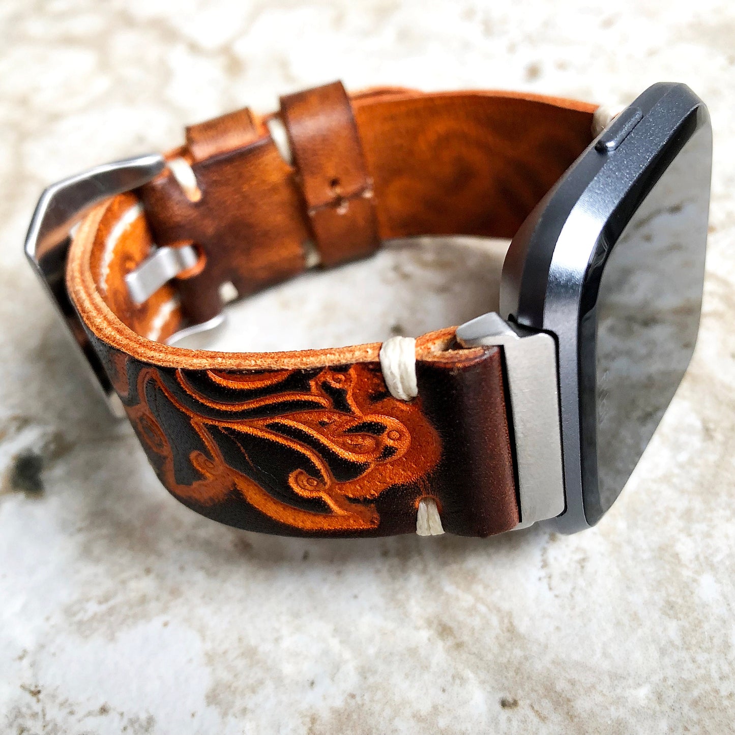 Band for Fitbit Versa 2 3 4 Sense 2 Brown and Orange Embossed Leather Bracelet Watch Strap Quick Release Adapters Silver Rose Gold Black