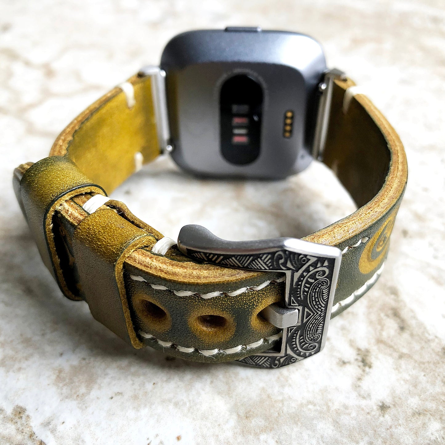 Band for Fitbit Versa 2 3 4 Sense 2 Green Yellow Tooled Embossed Leather Bracelet Watch Strap Quick Release Adapters Silver Rose Gold Black