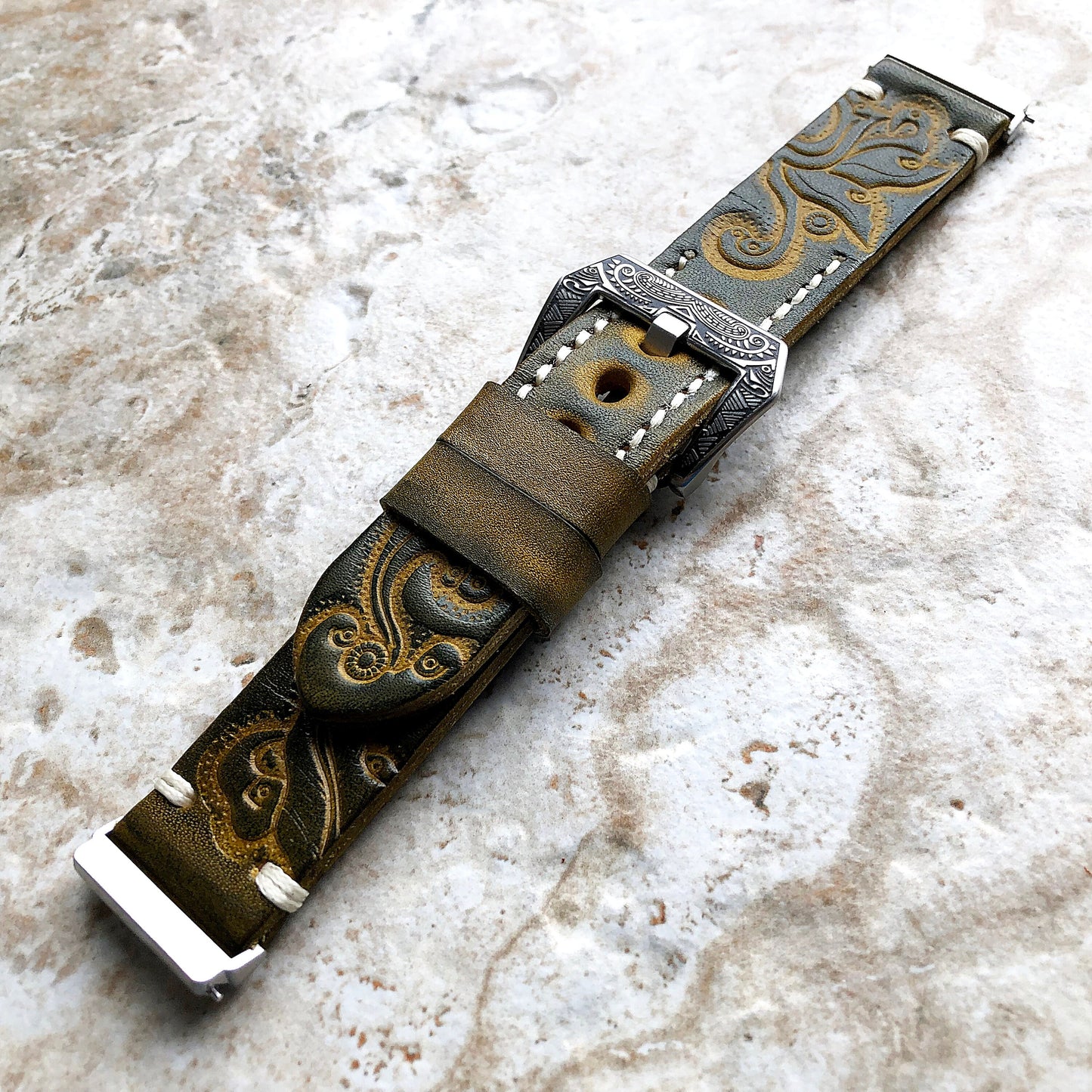 Band for Fitbit Versa 2 3 4 Sense 2 Green Yellow Tooled Embossed Leather Bracelet Watch Strap Quick Release Adapters Silver Rose Gold Black