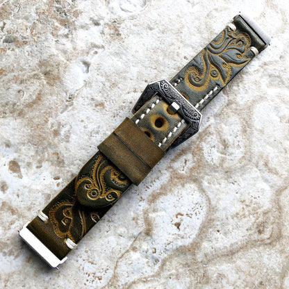 Band for Fitbit Versa 2 3 4 Sense 2 Green Yellow Tooled Embossed Leather Bracelet Watch Strap Quick Release Adapters Silver Rose Gold Black