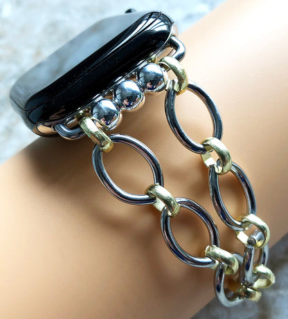 Apple Watch Ultra 2 and 9 8 Series Bracelet for iWatch 41mm 45mm 49mm Case Handmade Ellipses and Circles Gold and Silver Color Band Strap