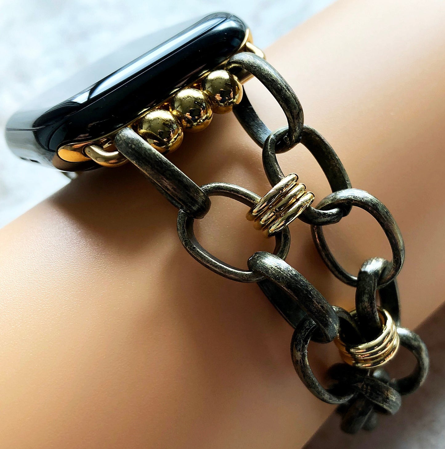 Apple Watch Ultra 2 9 8 7 SE 6 5 4 3 2 1 Bracelet for iWatch 38mm 40mm 41mm 42mm 44mm 45mm 49mm Antique Gold Color Chain Link Band Handmade