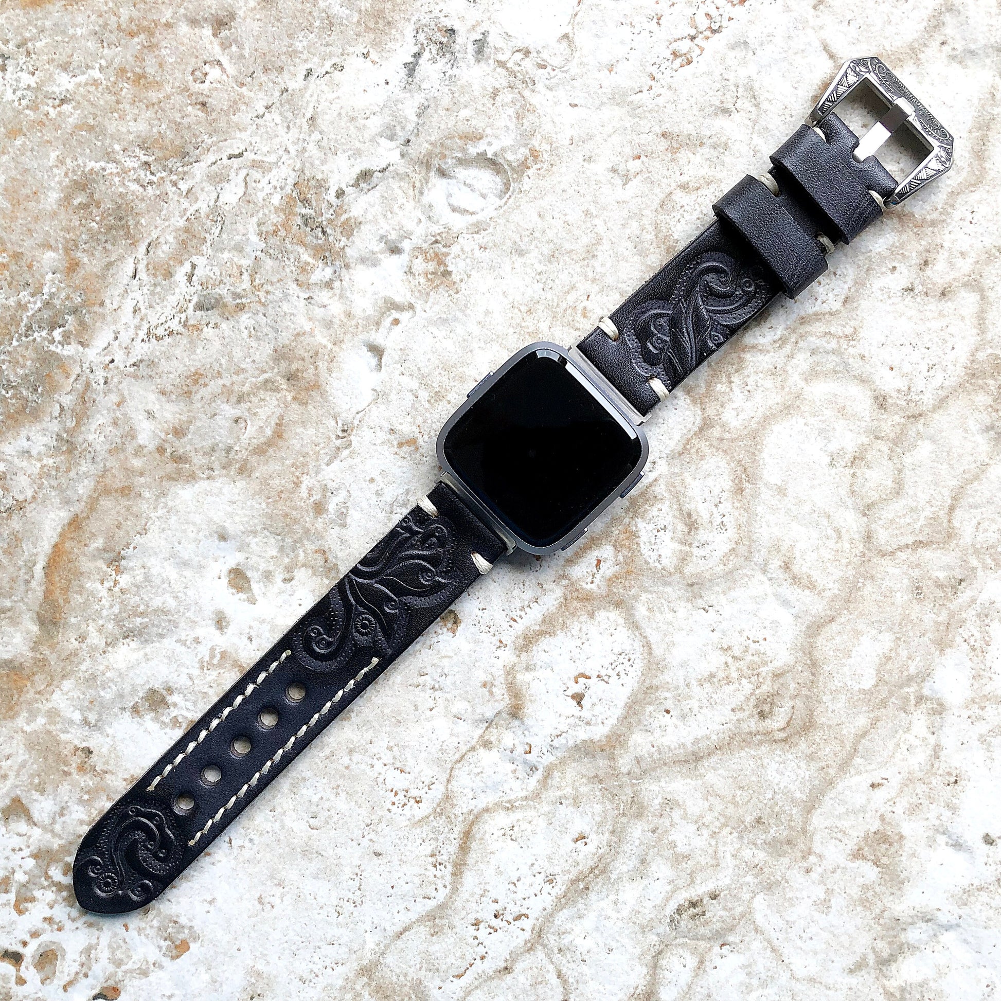 Band for Fitbit Versa 2 3 4 Sense 2 Black Gray Tooled Embossed Leather Bracelet Watch Strap Quick Release Adapters Silver Rose Gold Black