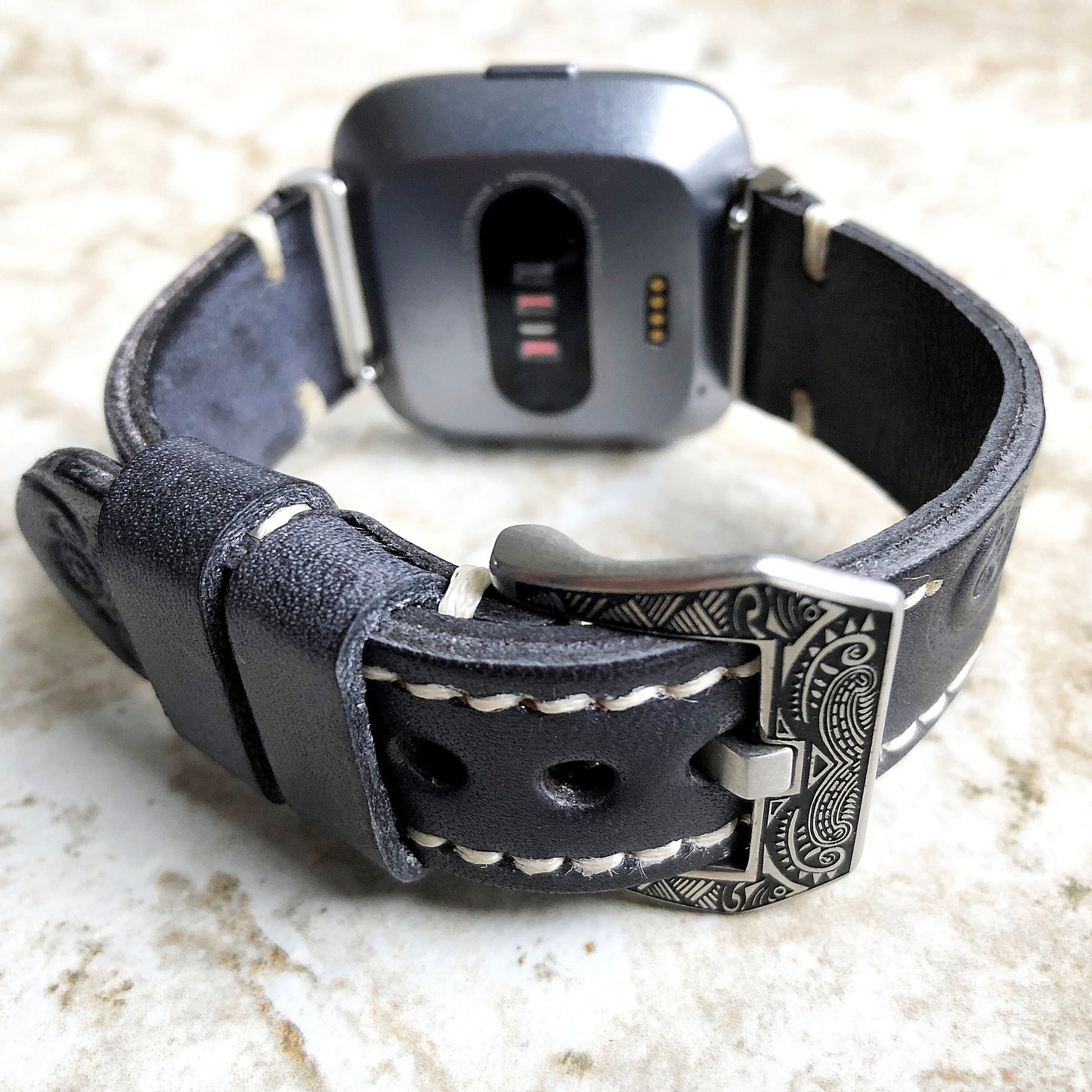 Band for Fitbit Versa 2 3 4 Sense 2 Black Gray Tooled Embossed Leather Bracelet Watch Strap Quick Release Adapters Silver Rose Gold Black