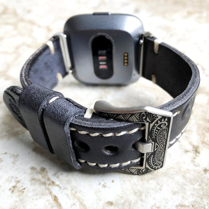 Band for Fitbit Versa 2 3 4 Sense 2 Black Gray Tooled Embossed Leather Bracelet Watch Strap Quick Release Adapters Silver Rose Gold Black