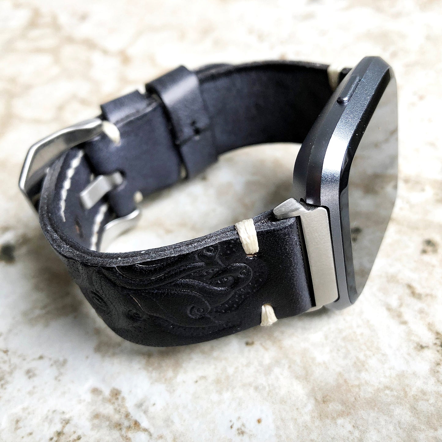 Band for Fitbit Versa 2 3 4 Sense 2 Black Gray Tooled Embossed Leather Bracelet Watch Strap Quick Release Adapters Silver Rose Gold Black