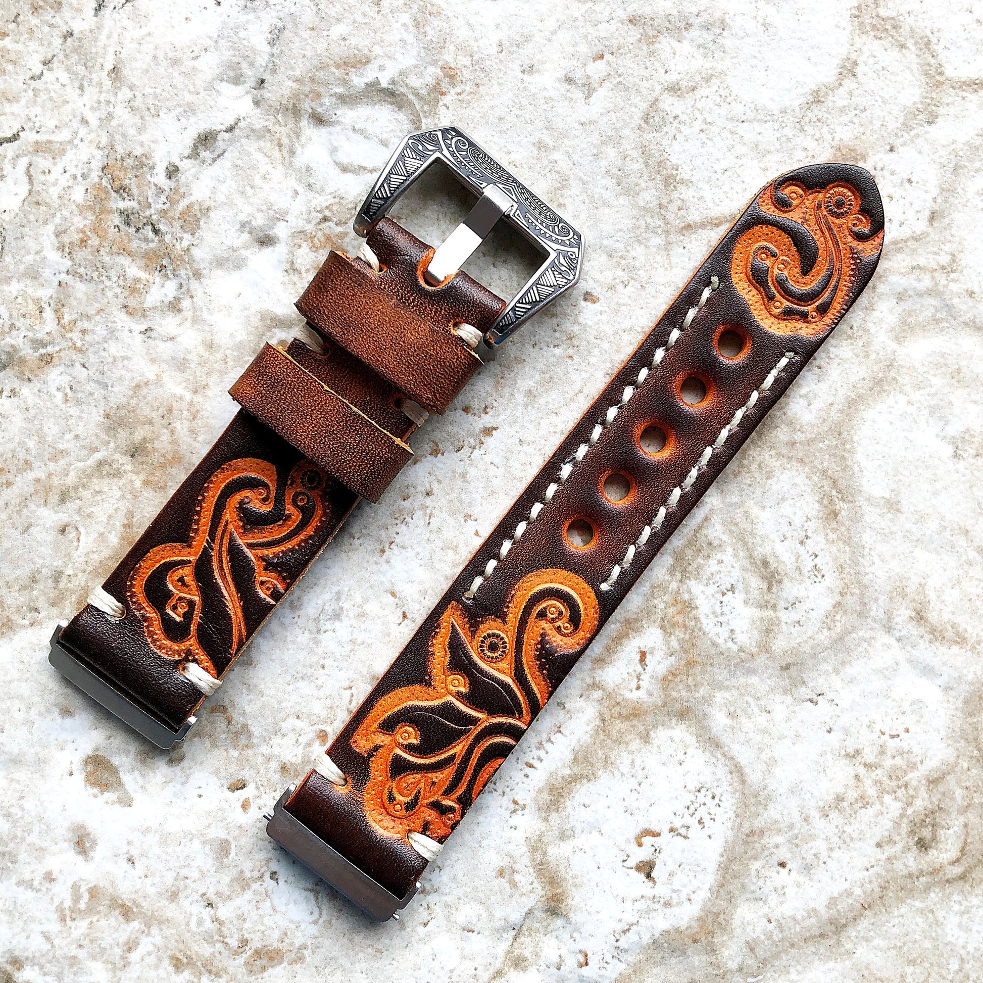 Band for Fitbit Versa 2 3 4 Sense 2 Brown and Orange Embossed Leather Bracelet Watch Strap Quick Release Adapters Silver Rose Gold Black