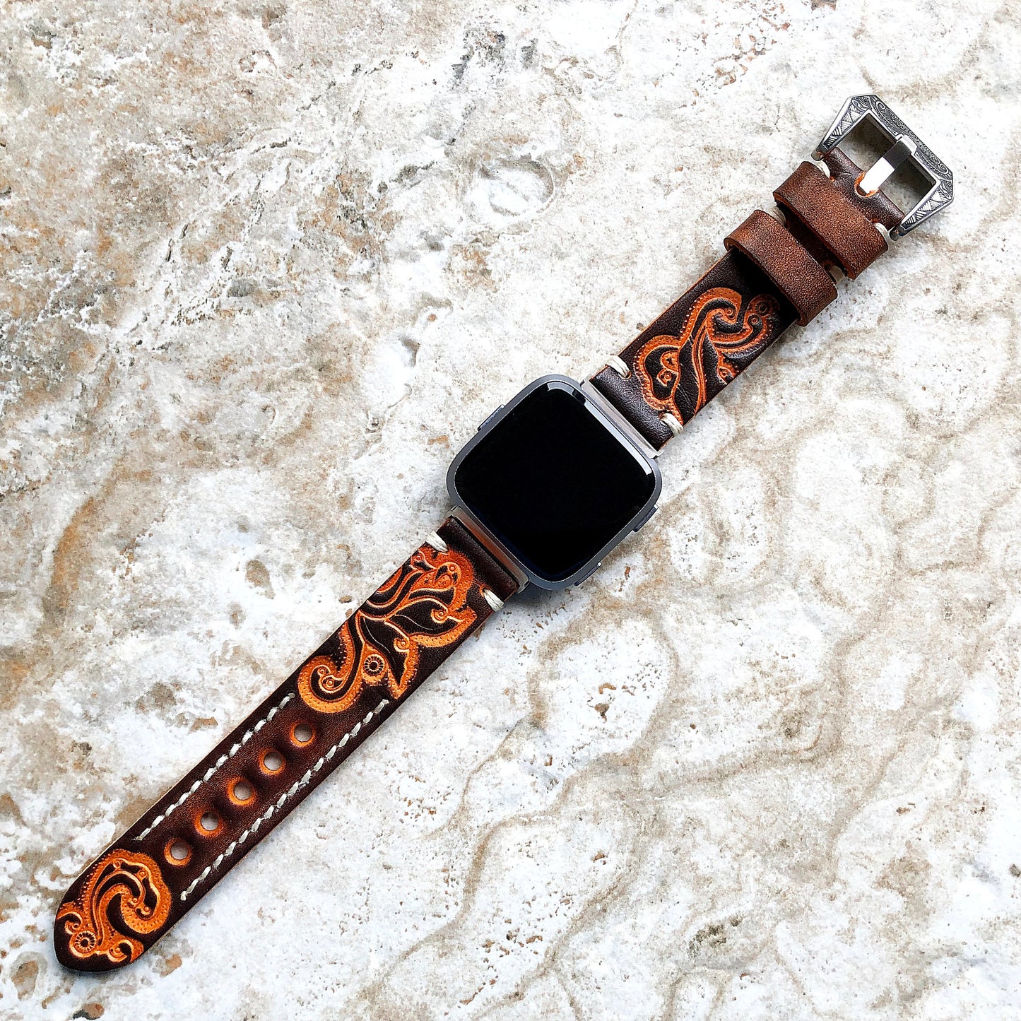 Band for Fitbit Versa 2 3 4 Sense 2 Brown and Orange Embossed Leather Bracelet Watch Strap Quick Release Adapters Silver Rose Gold Black
