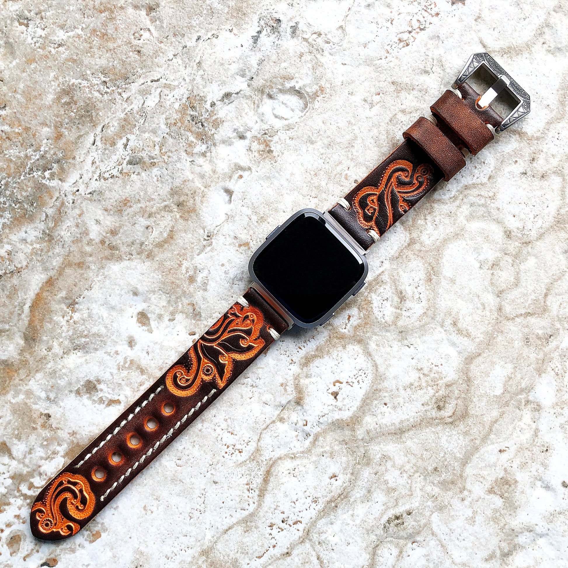 Band for Fitbit Versa 2 3 4 Sense 2 Brown and Orange Embossed Leather Bracelet Watch Strap Quick Release Adapters Silver Rose Gold Black