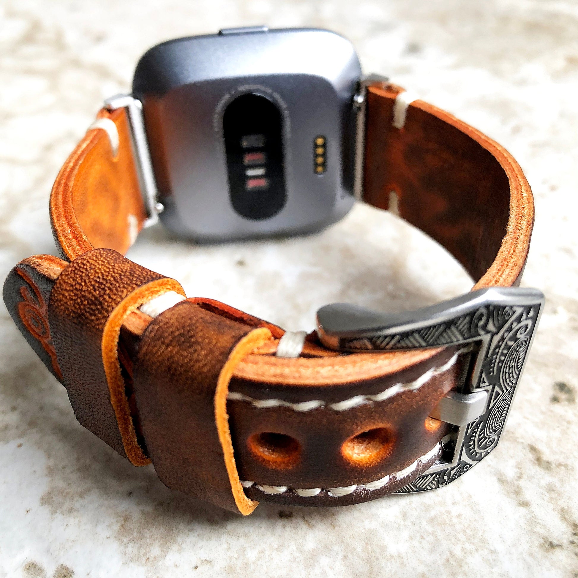 Band for Fitbit Versa 2 3 4 Sense 2 Brown and Orange Embossed Leather Bracelet Watch Strap Quick Release Adapters Silver Rose Gold Black