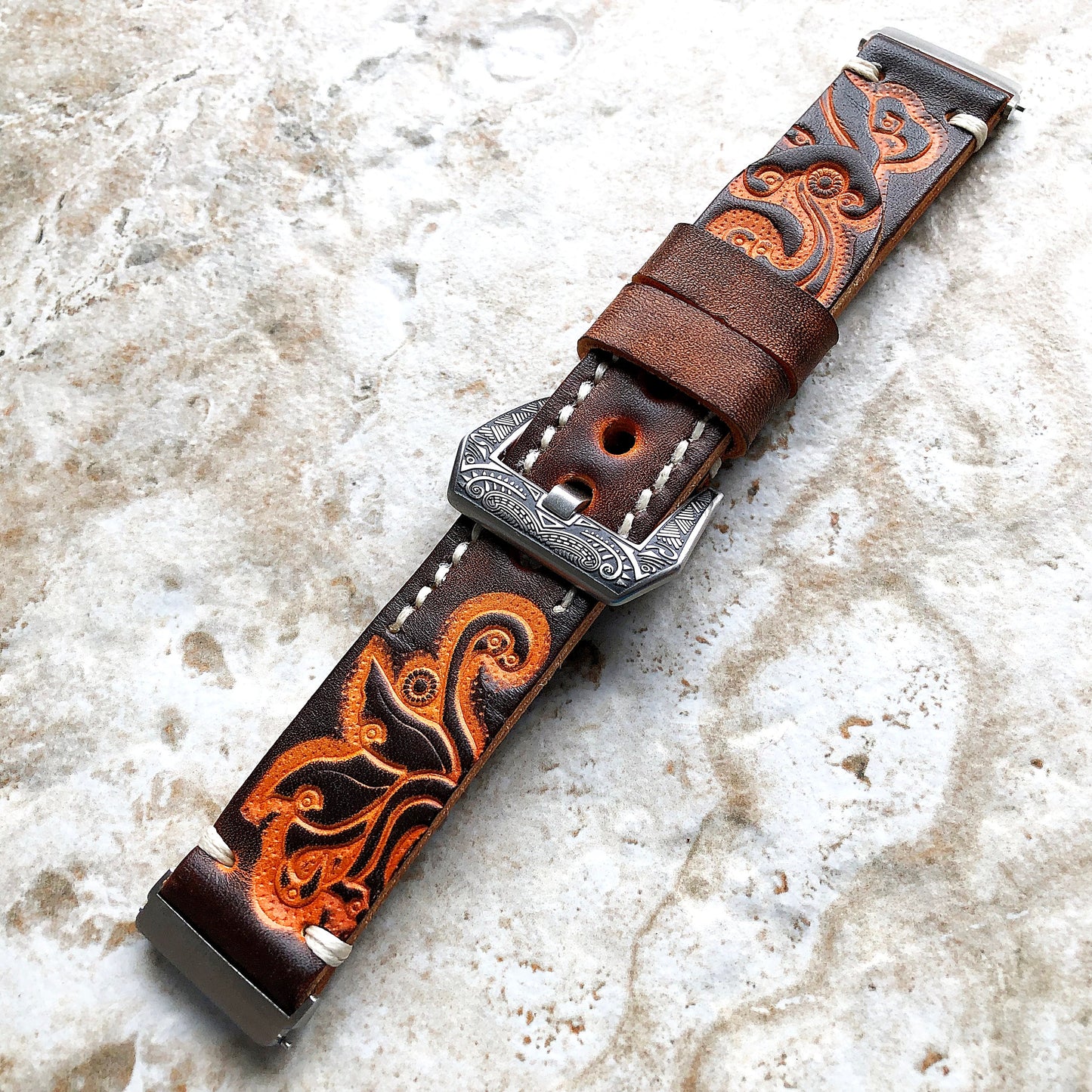 Band for Fitbit Versa 2 3 4 Sense 2 Brown and Orange Embossed Leather Bracelet Watch Strap Quick Release Adapters Silver Rose Gold Black