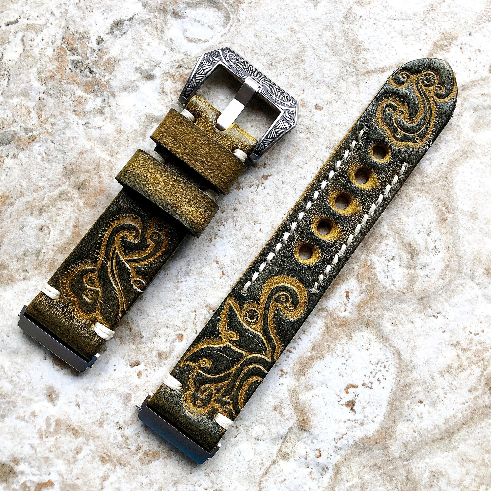 Band for Fitbit Versa 2 3 4 Sense 2 Green Yellow Tooled Embossed Leather Bracelet Watch Strap Quick Release Adapters Silver Rose Gold Black