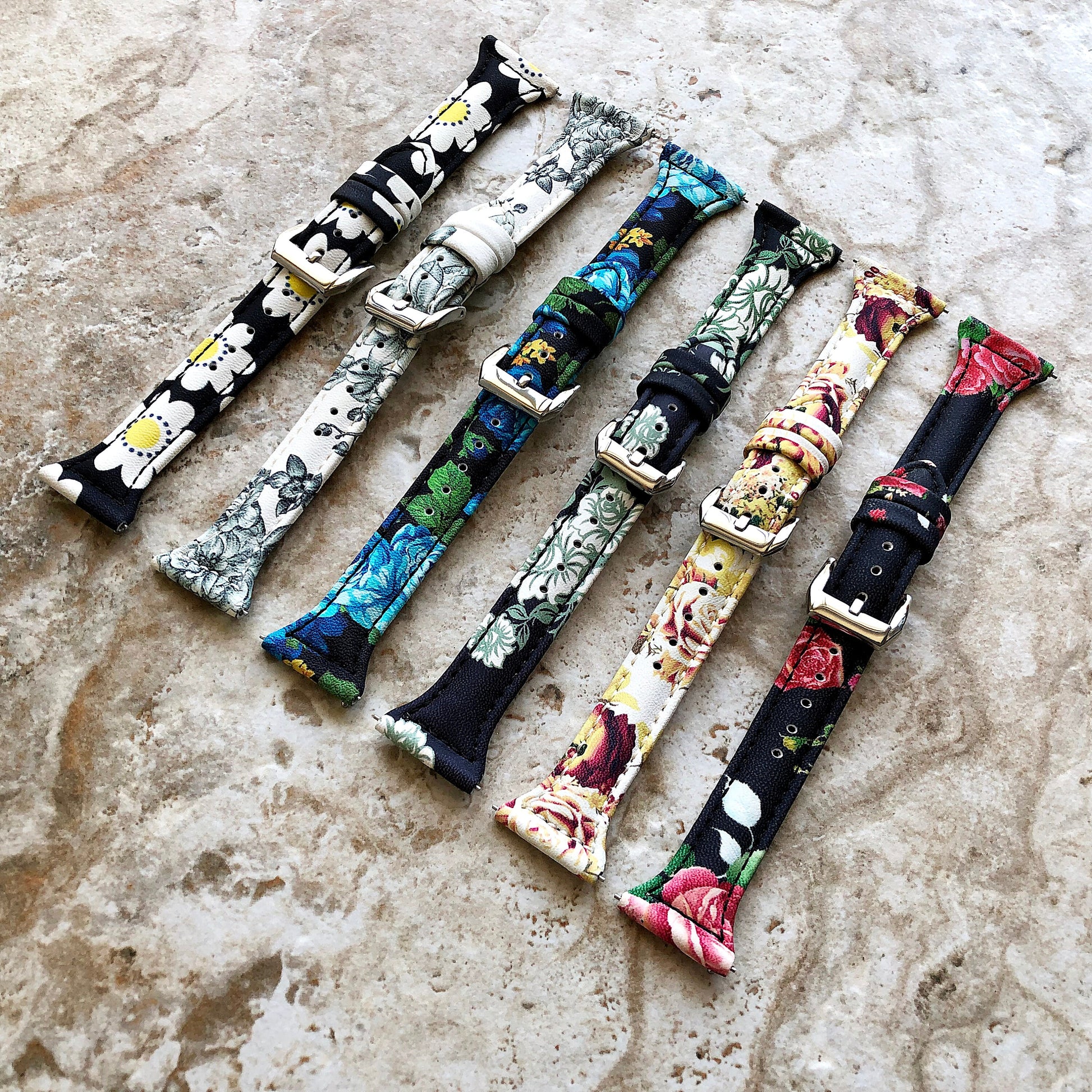 Fitbit Versa Lite 2 3 4 Sense 2 Band Blue Roses Slim Elegant Leather Straps Stitching Details Quick Release Pins Adapters Silver Rose Gold