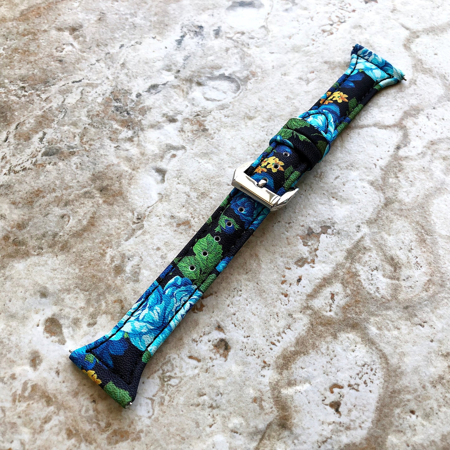 Fitbit Versa Lite 2 3 4 Sense 2 Band Blue Roses Slim Elegant Leather Straps Stitching Details Quick Release Pins Adapters Silver Rose Gold