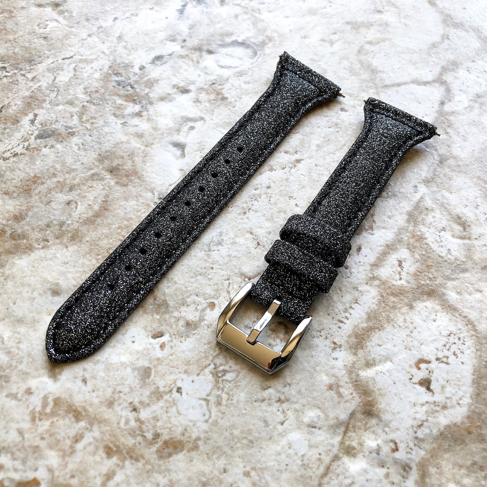 Fitbit Versa 2 3 4 Sense 2 Band Black Sparkling Glitter Slim Elegant Soft Leather Strap with Stitching Details and Quick Release Attachments