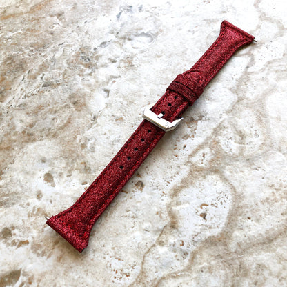 Fitbit Versa 2 3 4 Sense 2 Band Red Sparkling Glitter Slim Elegant Soft Leather Strap with Stitching Details and Quick Release Attachments