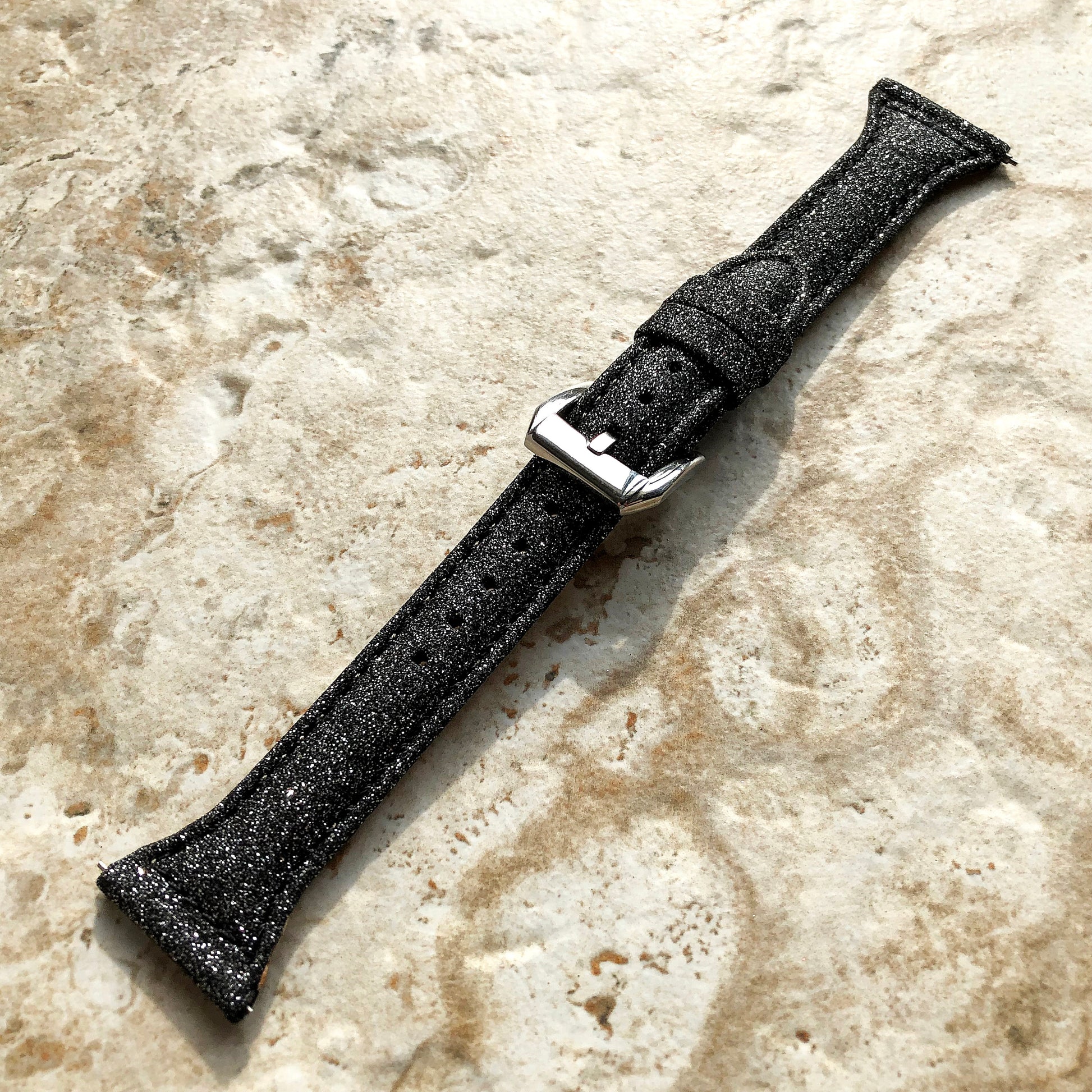22mm Black Sparkling Glitter Slim and Elegant Soft Leather Watch Strap Band for Wrist Hand Watches Quick Release Pins - Ready to Attach