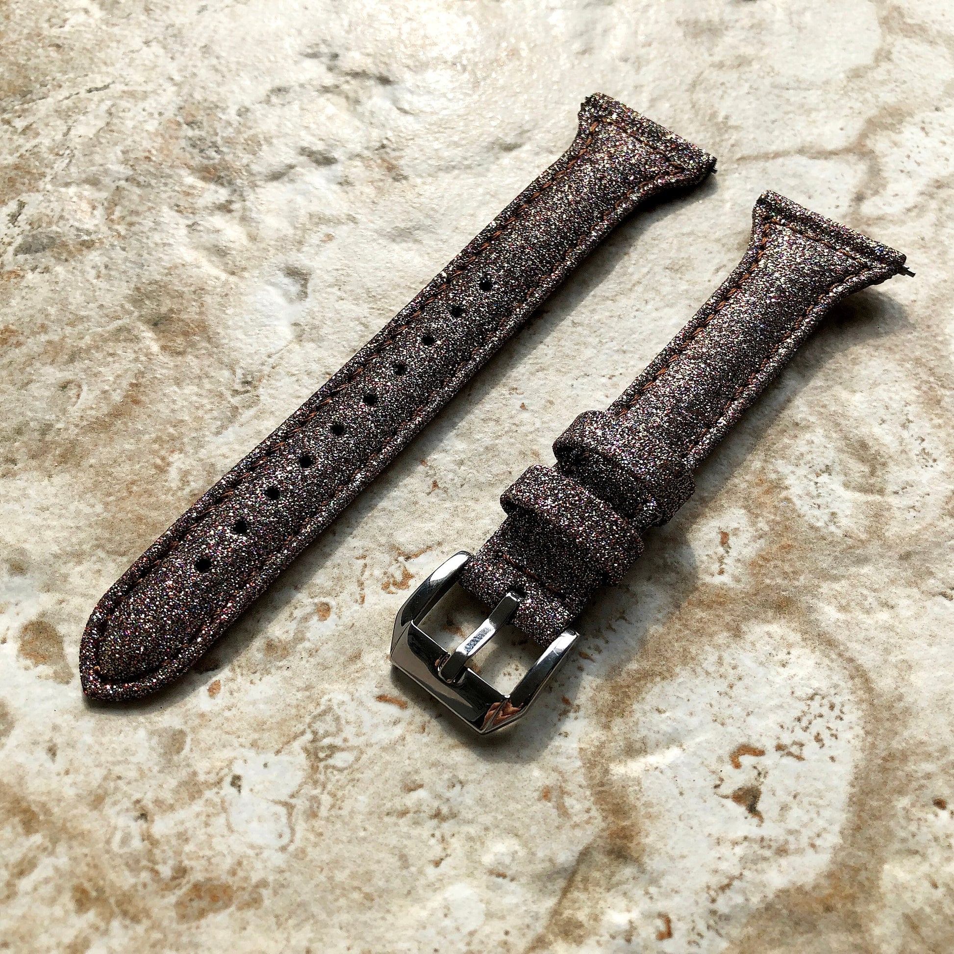 22mm Brown Sparkling Glitter Slim and Elegant Soft Leather Watch Strap Band for Wrist Hand Watches Quick Release Pins - Ready to Attach